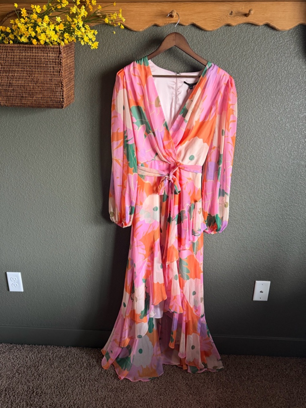 Alex Marie Pink & Orange Floral Maxi Dress with Tie Waist & High-Low Ruffle Hem